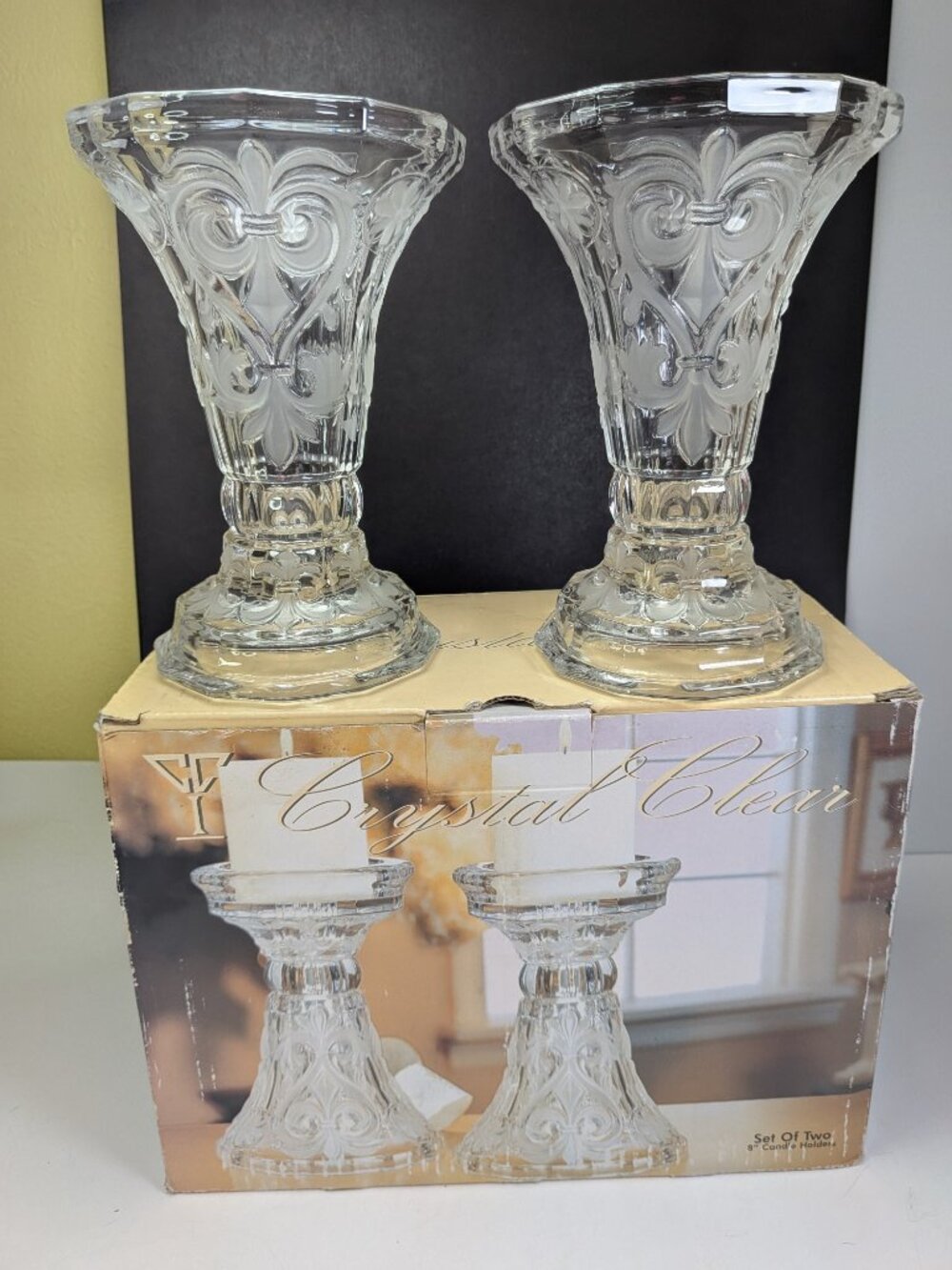 Vintage Crystal Clear Industries Fleur De Lis Glass Vase Candle Holder Pair Box